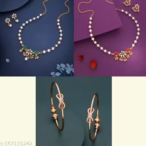 Jewellery AD Stone Studded Choker Necklace Combo Set with Earrings for Women and Girls