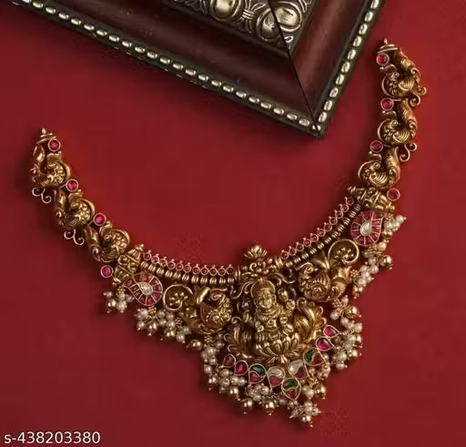 Antique Gold Lakshmi Temple Necklace with Pearl Drops